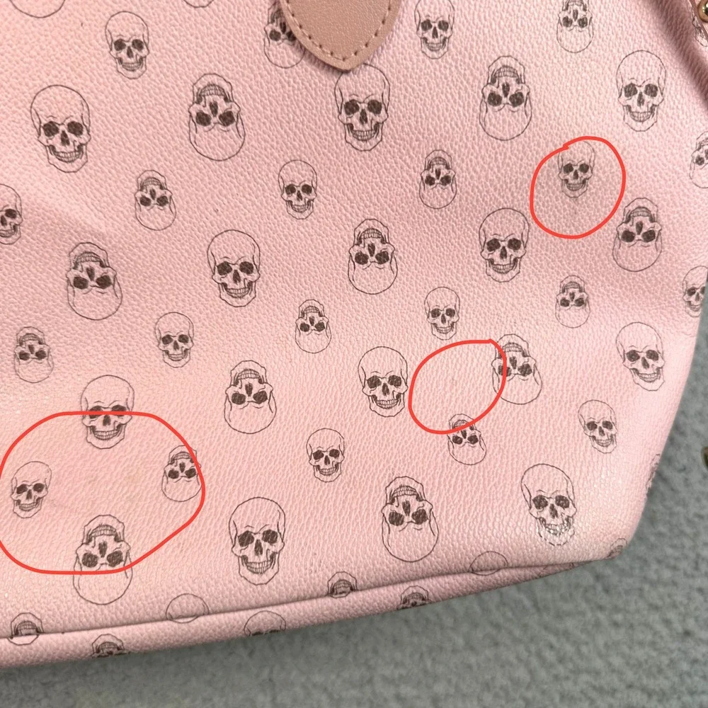 Pink Skull Tote Bag Womens OS Faux Leather Goth Punk Pastel Graphic Shoulder